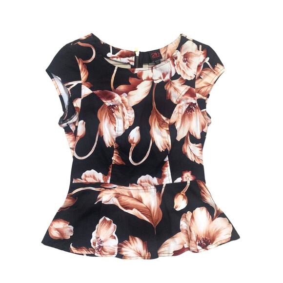 Bebe Peplum Top Blouse Small Dark Floral Cutout Black Pink Wine Short Sleeves - Picture 1 of 11